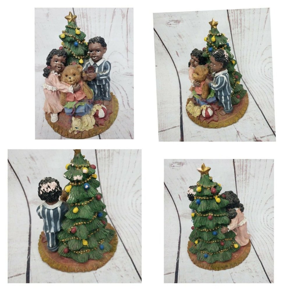 Children Cat And Teddy Bear Around Christmas Tree